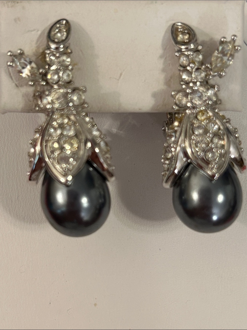Nolan Miller Silver-Tone Black Pearl Drop Clip Earrings with Crystal Accents